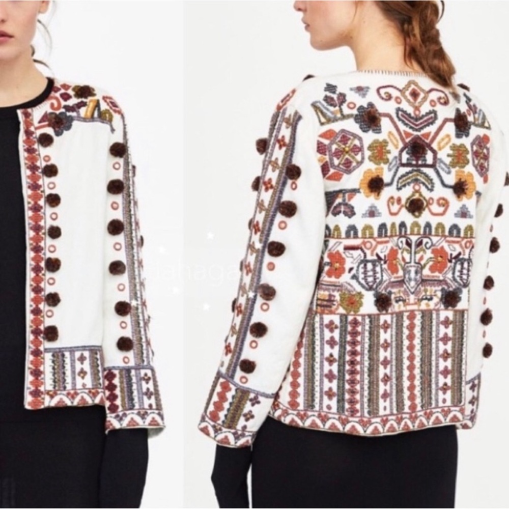 Zara Jackets & Coats - Zara Ecru Pom Pom Jacket, Size XS